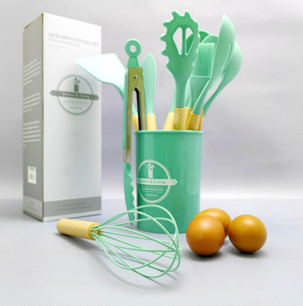 Набор кухонных принадлежностей с подставкой и деревянной ручкой 12 предметов Utensils Set / Подарочный силиконовый набор, БИРЮЗОВЫЙ